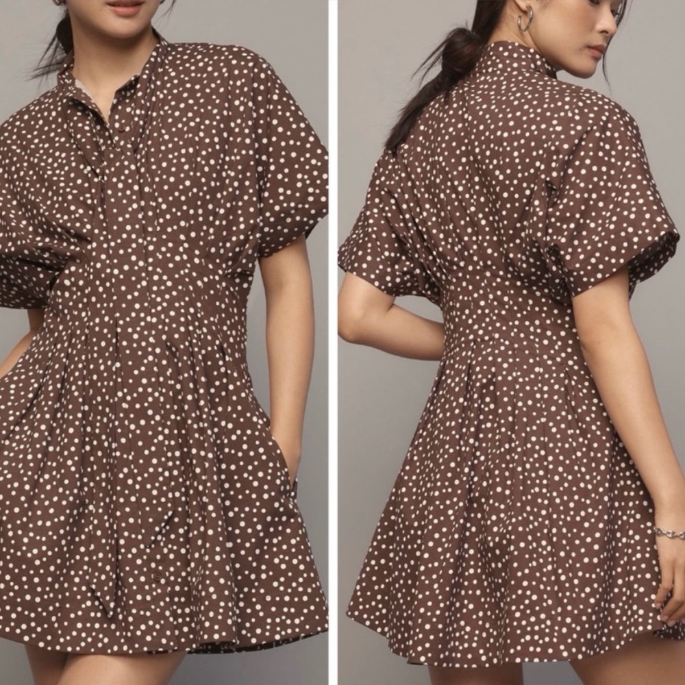 Anthropologie Exquise Tie Neck Tobie Mini Dress - Brown Polka Dot - Picture 4 of 5